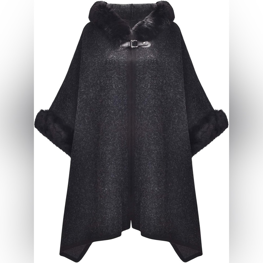 Women Winter‎ Fashion Faux Fur Trim Layers Hood Cardigan Warm Cape Sweater Cloak